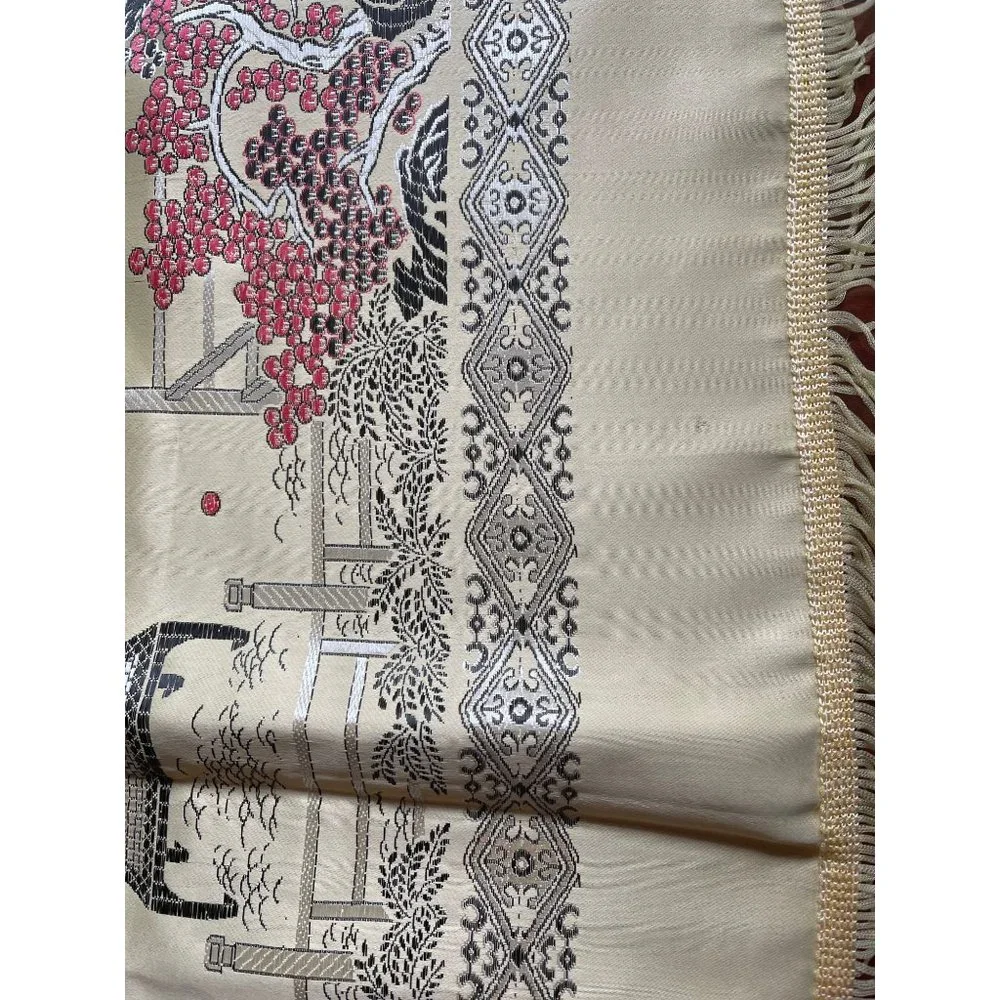 Vintage Cantonese Brocade Silk Tablecloth Asian Scenes People Trees